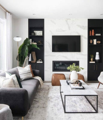 Thiết kế nội thất phòng khách theo phong cách với 2 màu chủ đạo Trắng và Đen